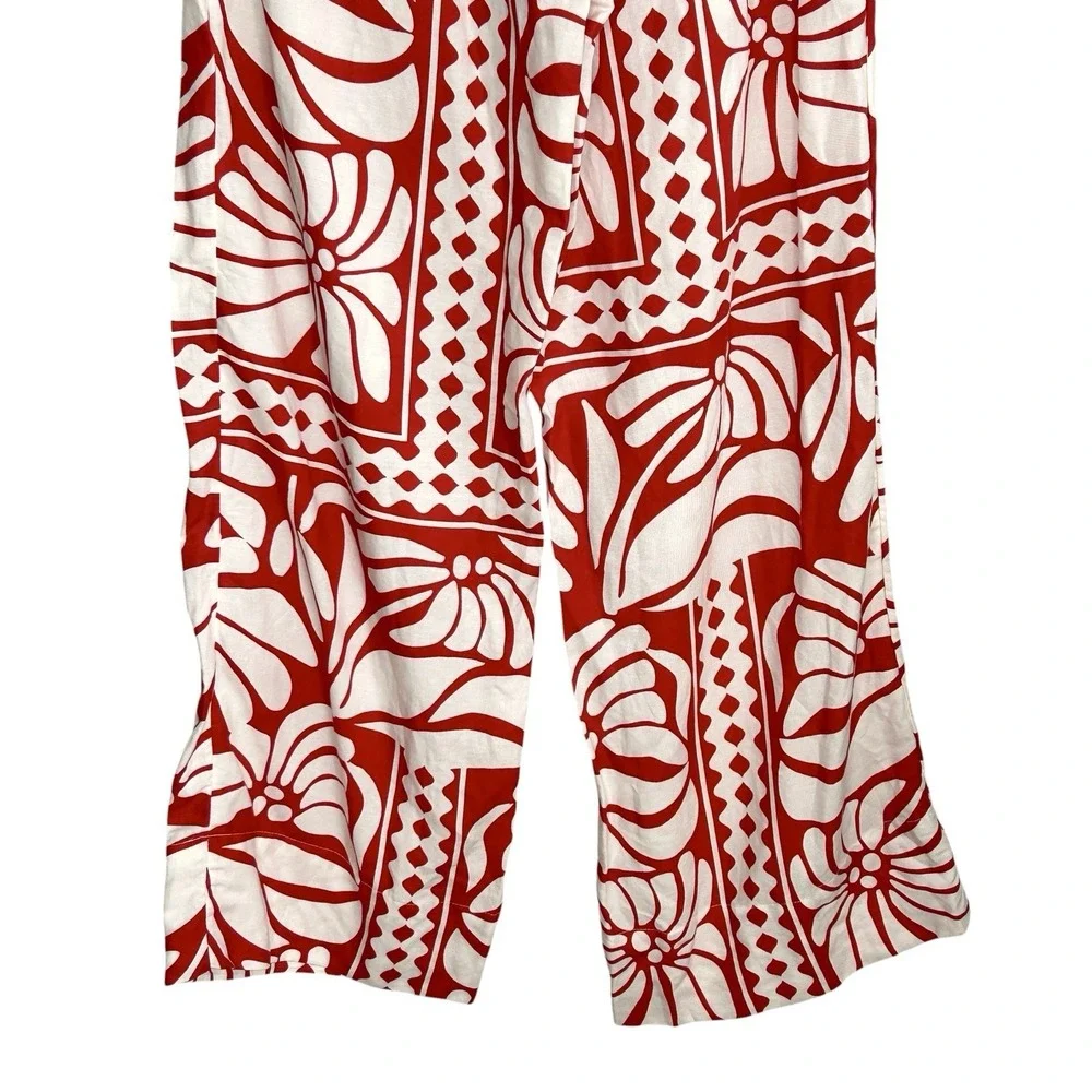 H&M Tropical Wide Leg Pants Sz 4 Boho Retro Floral Linen Blend Resort Vacation